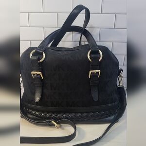 Michael Kors Black Monogrammed Canvas Gladstone Satchel with Gold Hardware
